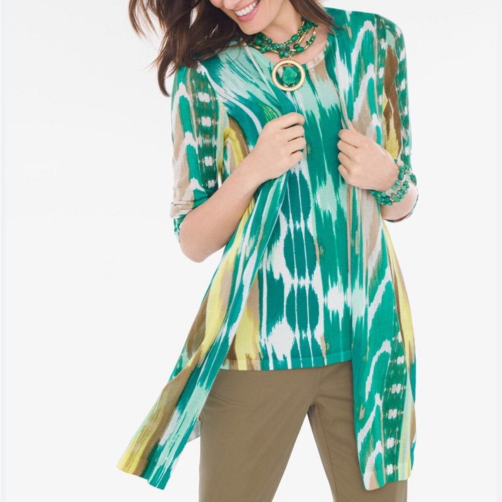 Chicos Womens Twin Set Size 2 L Cardigan Size 0 S Shell Tank Top Abstract Green